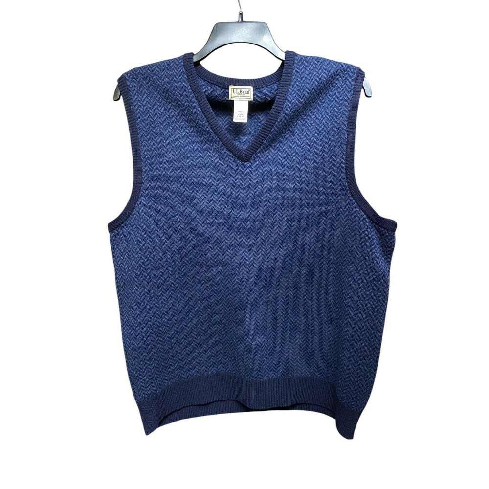 L.L.Bean Mens Medium Navy Blue Lambswool V Neck Sleeveless Sweater Vest chevron